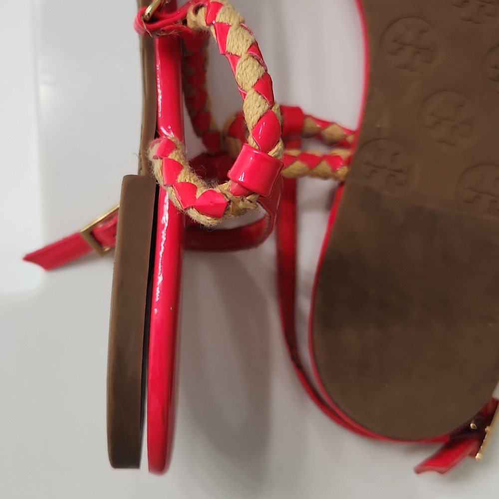 Tory Burch Bright Red Braided Thong Sandals with Gold Logo - Picture 9 of 12